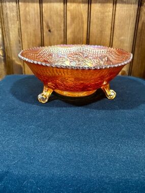 Vintage Fenton Carnival Glass Two Flowers Footed Glass Bowl